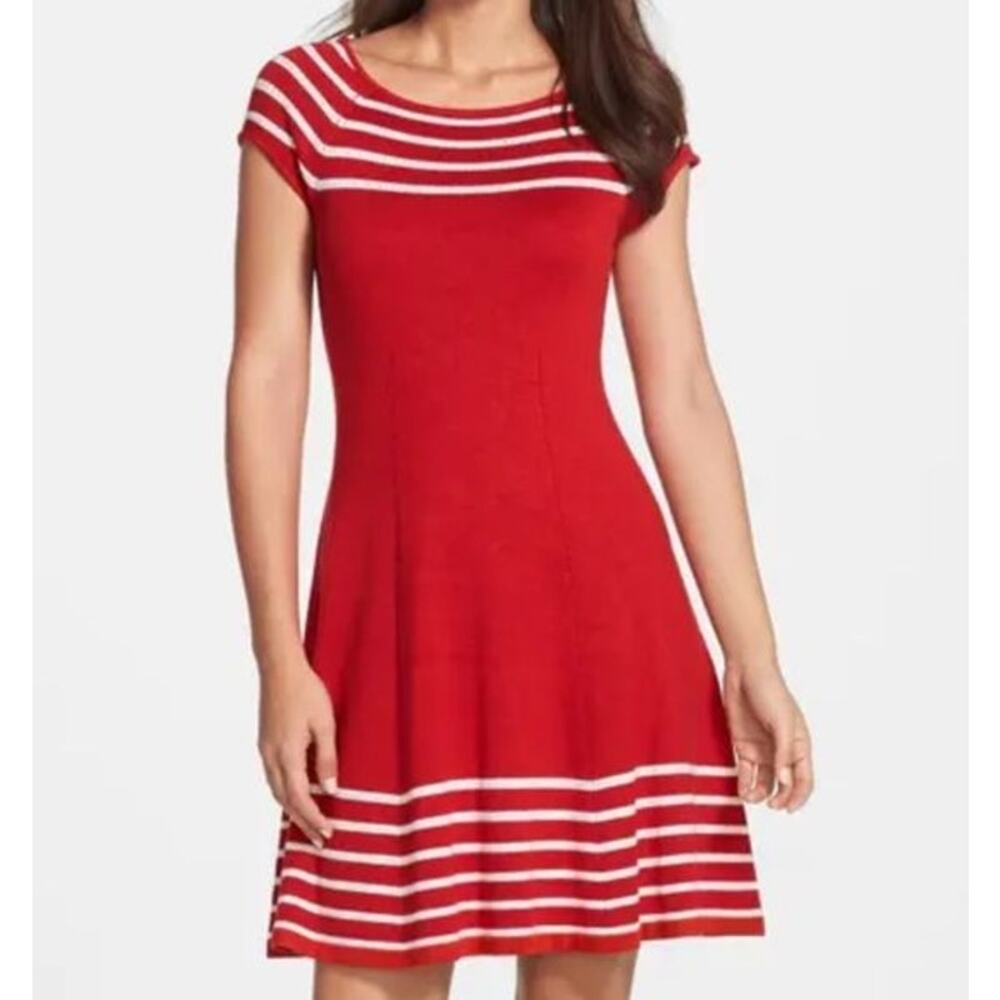 Eliza J Women's Red White Striped Midi Dress Cap Sleeve Size S
